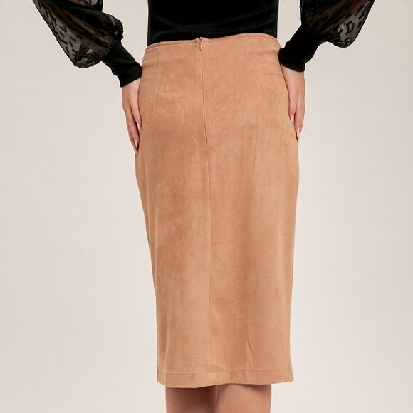 HEM & THREAD Camel Faux Suede Wrap Midi Pencil Skirt Chic Neutral Workwear - Picture 4 of 5